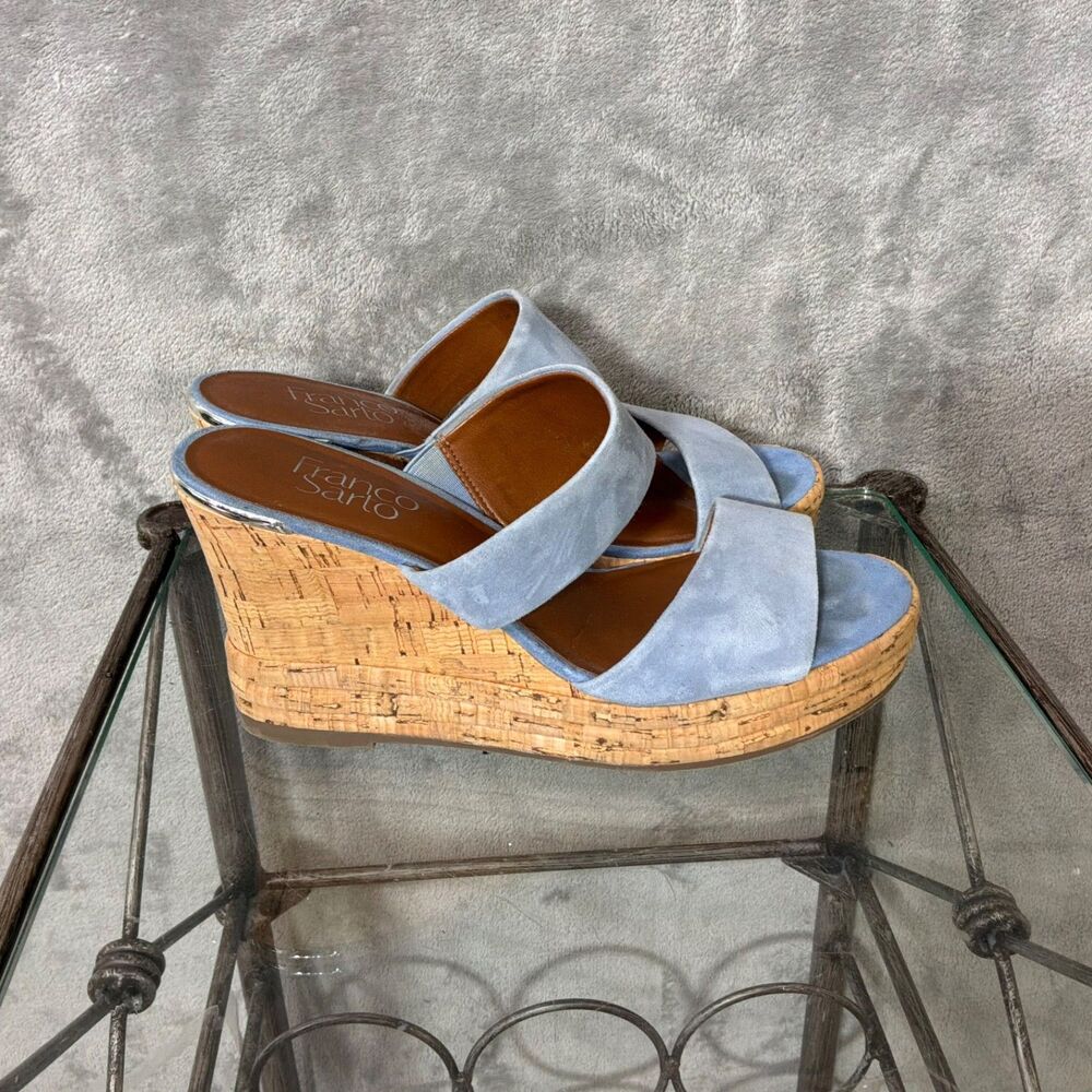Franco Sarto Size 7.5 Blue Suede Leather cork Wedge Slide Sandals